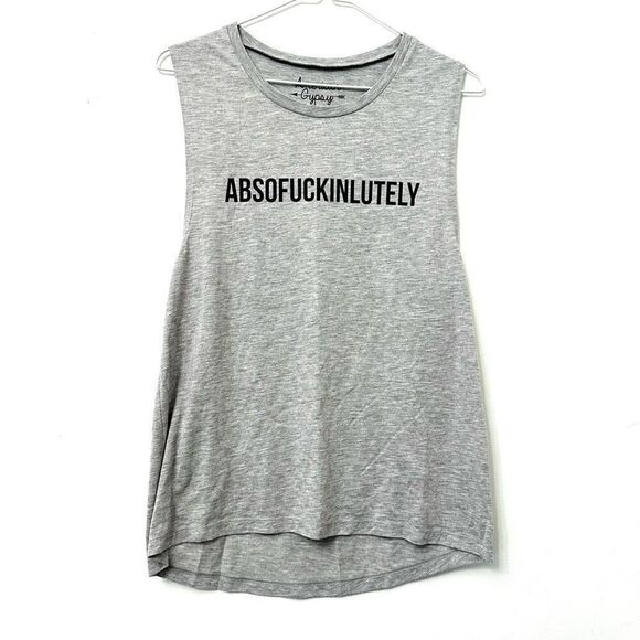American Gypsy Tops - American Gypsy Absofuckinlutely Graphic Gray Tank Top Large